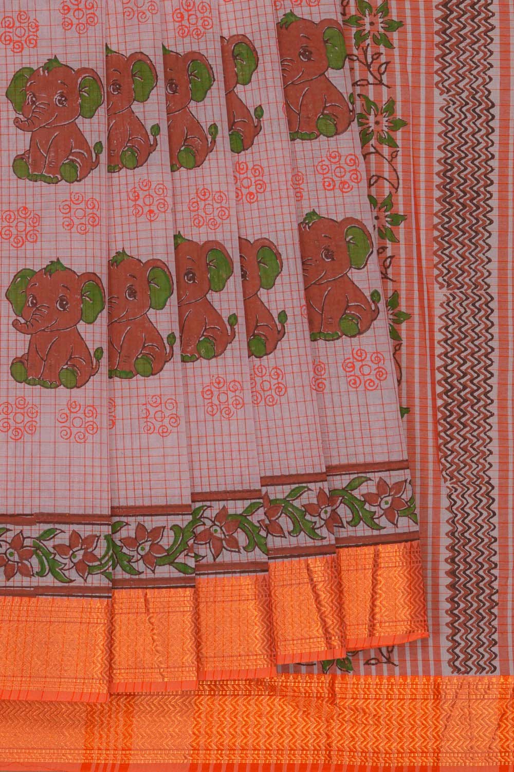 Image of Orange elephant  block printed south cotton saree