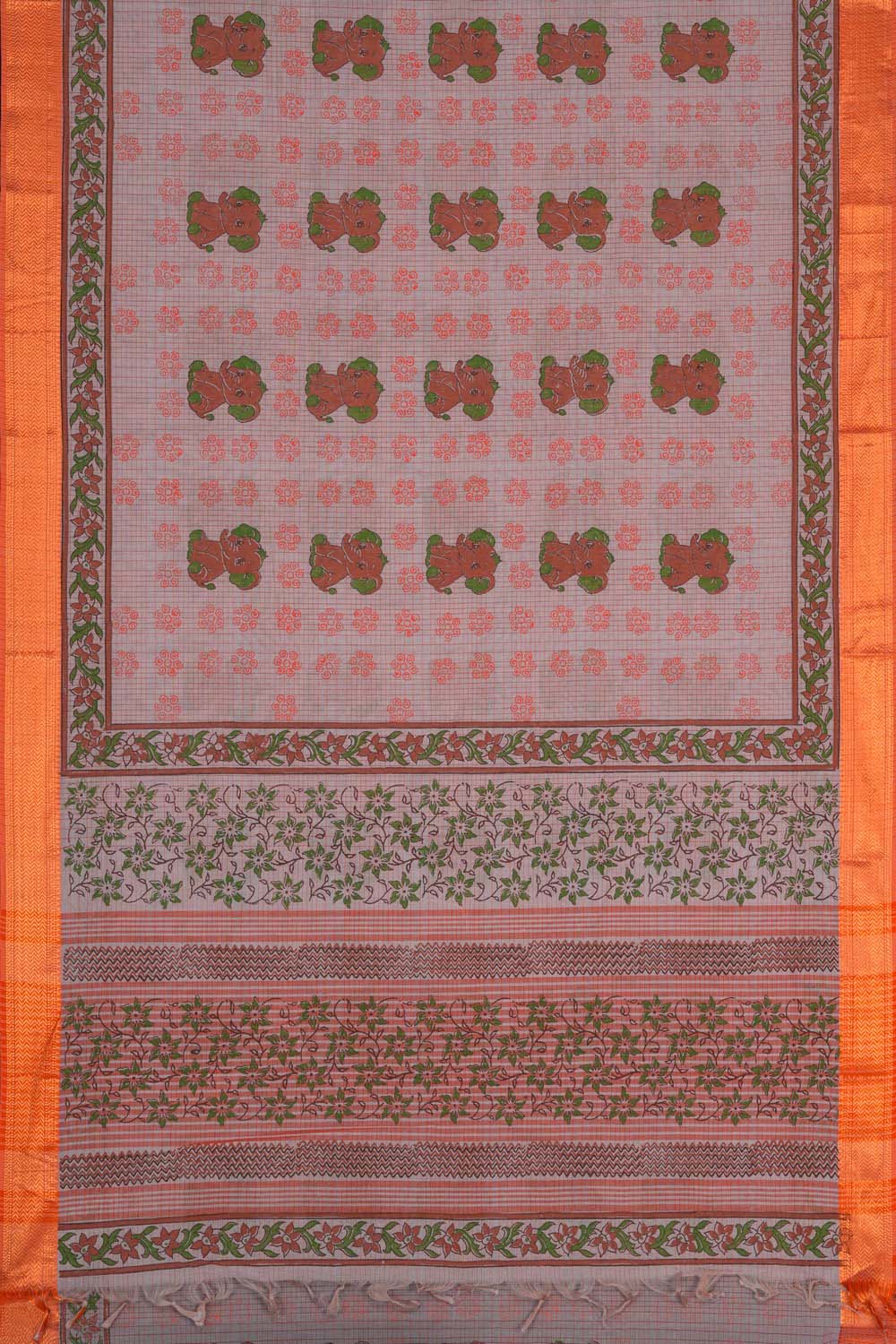 Image of Orange elephant  block printed south cotton saree