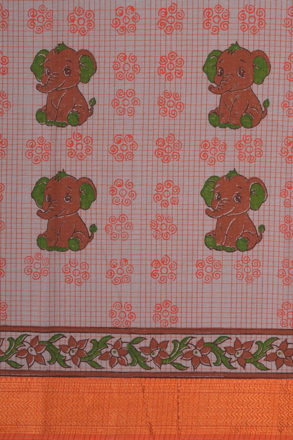 Image of Orange elephant  block printed south cotton saree