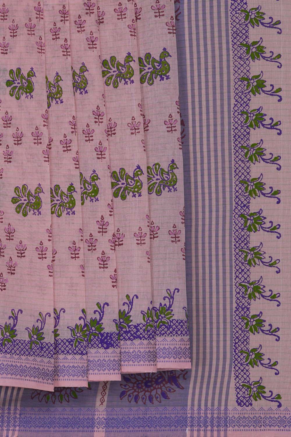 Image of Baby Pink with peacock  block printed south cotton saree