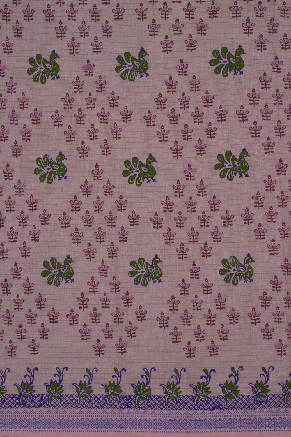 Image of Baby Pink with peacock  block printed south cotton saree