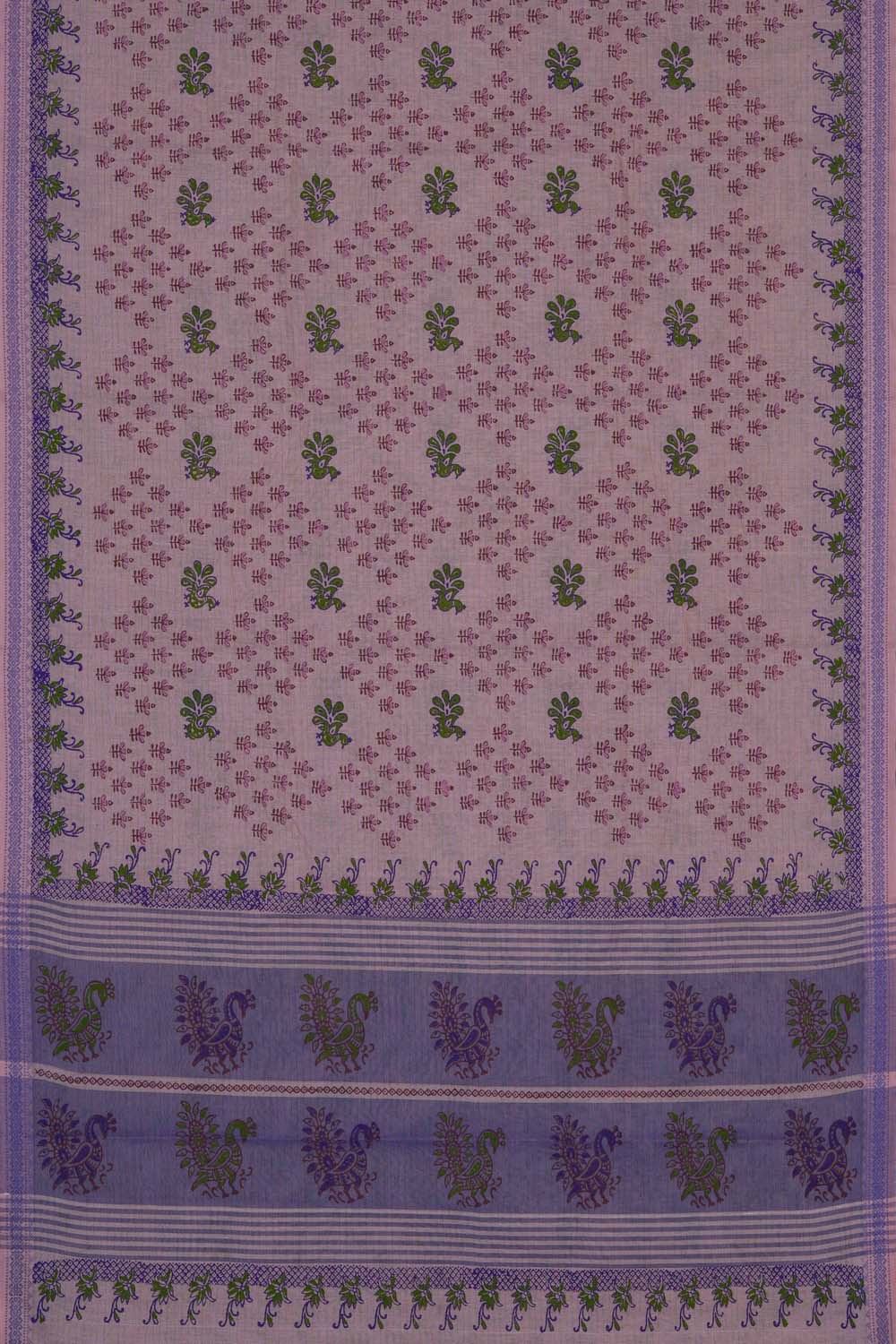 Image of Baby Pink with peacock  block printed south cotton saree
