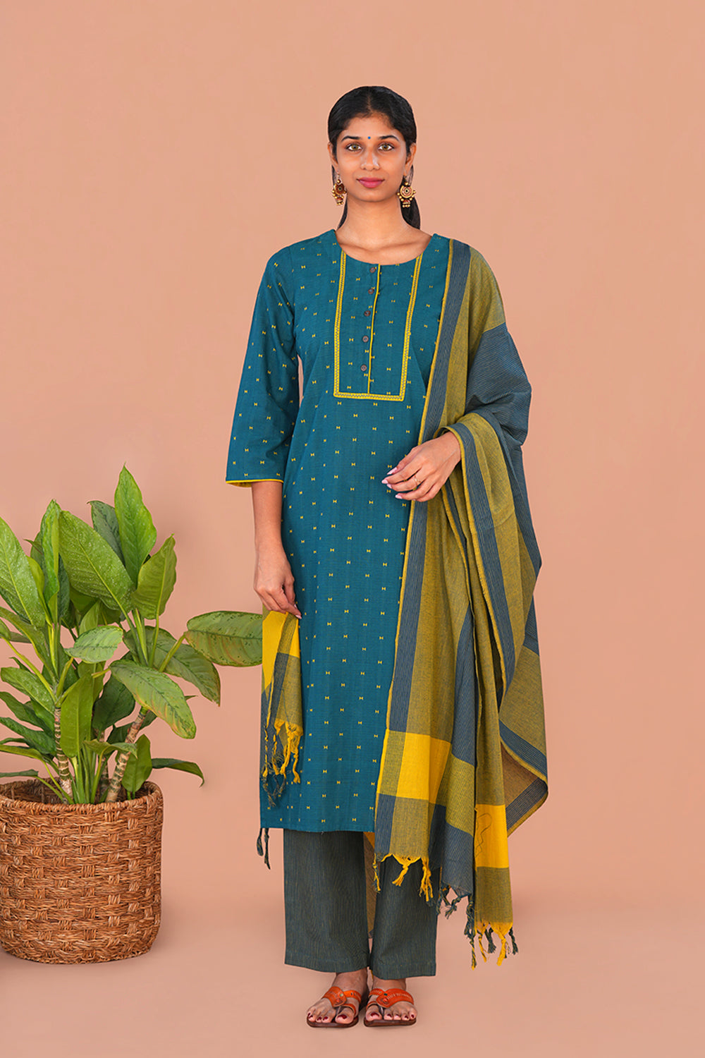 Image of Peacock blue Blue cotton Kurta Set