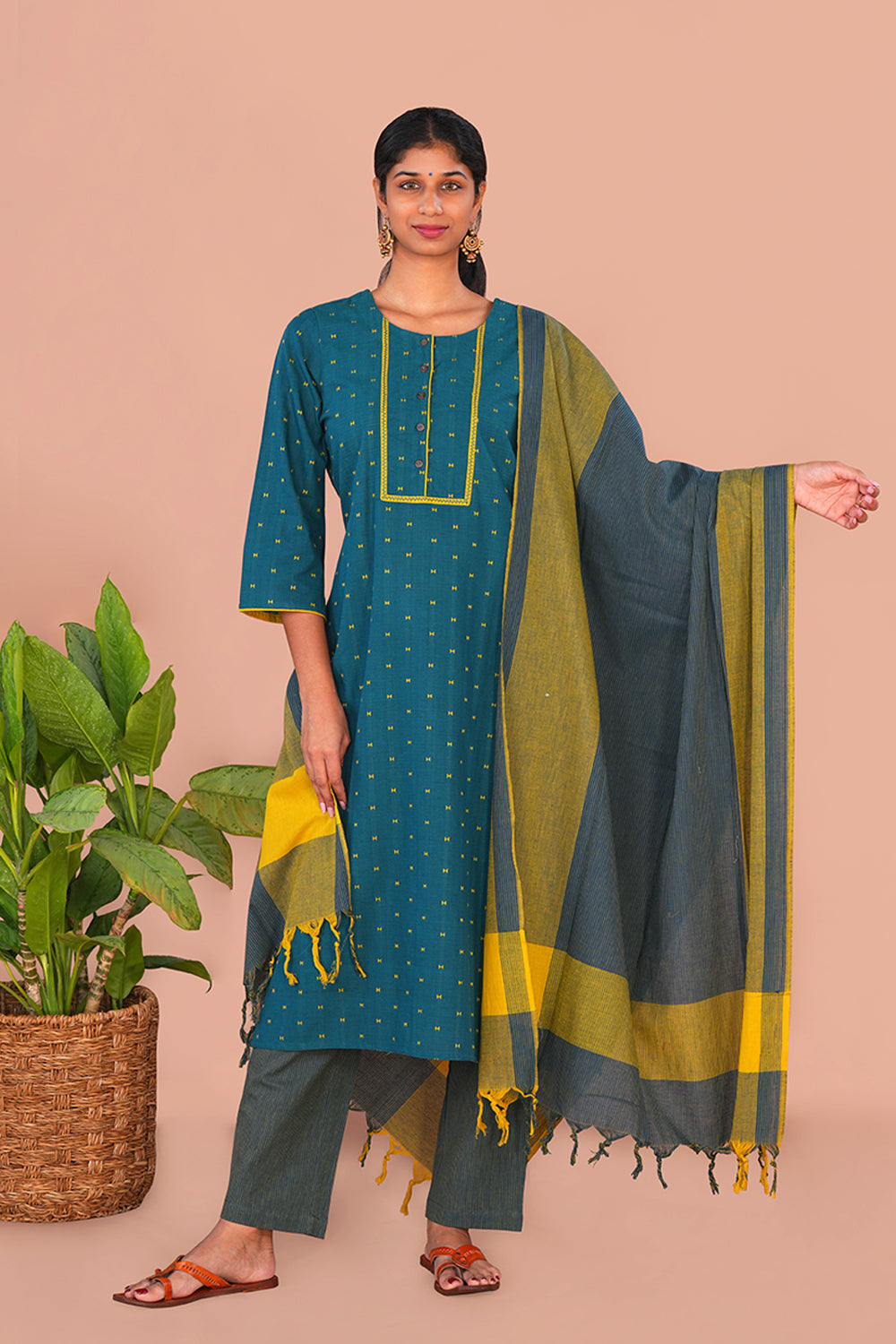 Image of Peacock blue Blue cotton Kurta Set