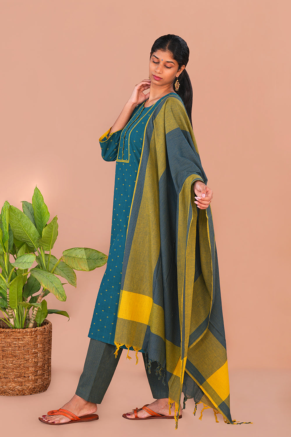 Image of Peacock blue Blue cotton Kurta Set