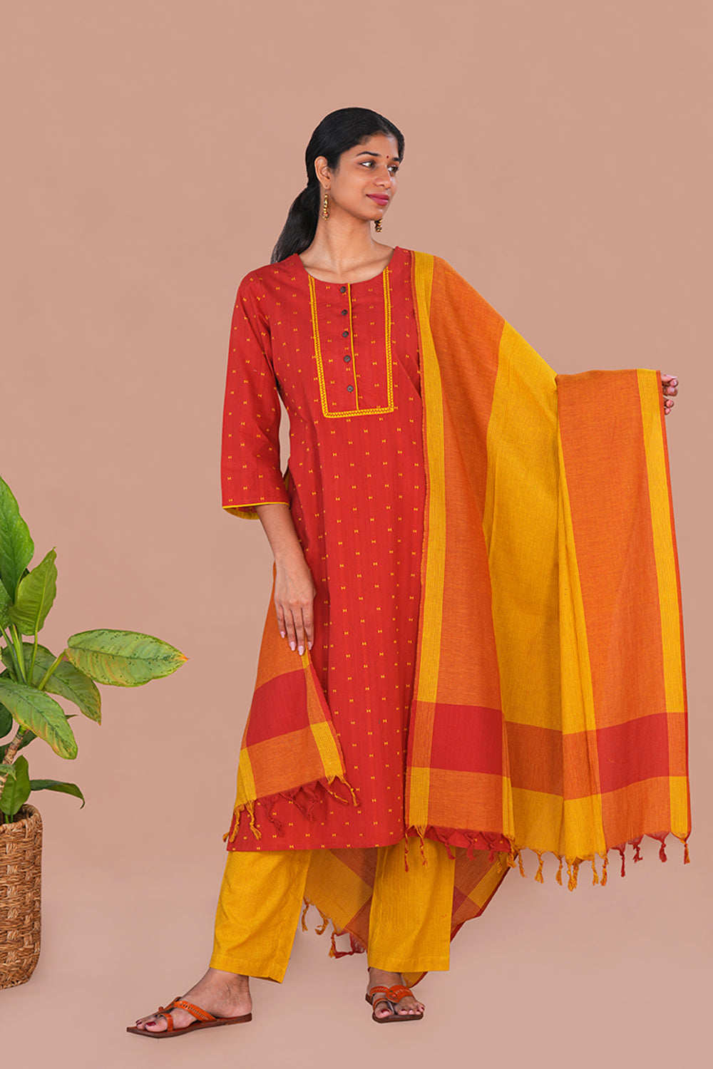 Image of Rust Red Cotton Kurta Set