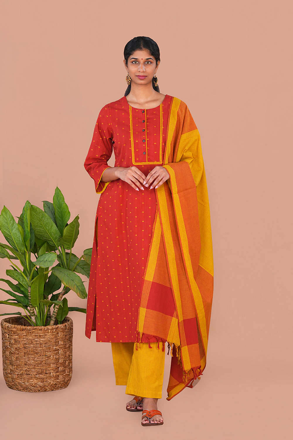 Image of Rust Red Cotton Kurta Set