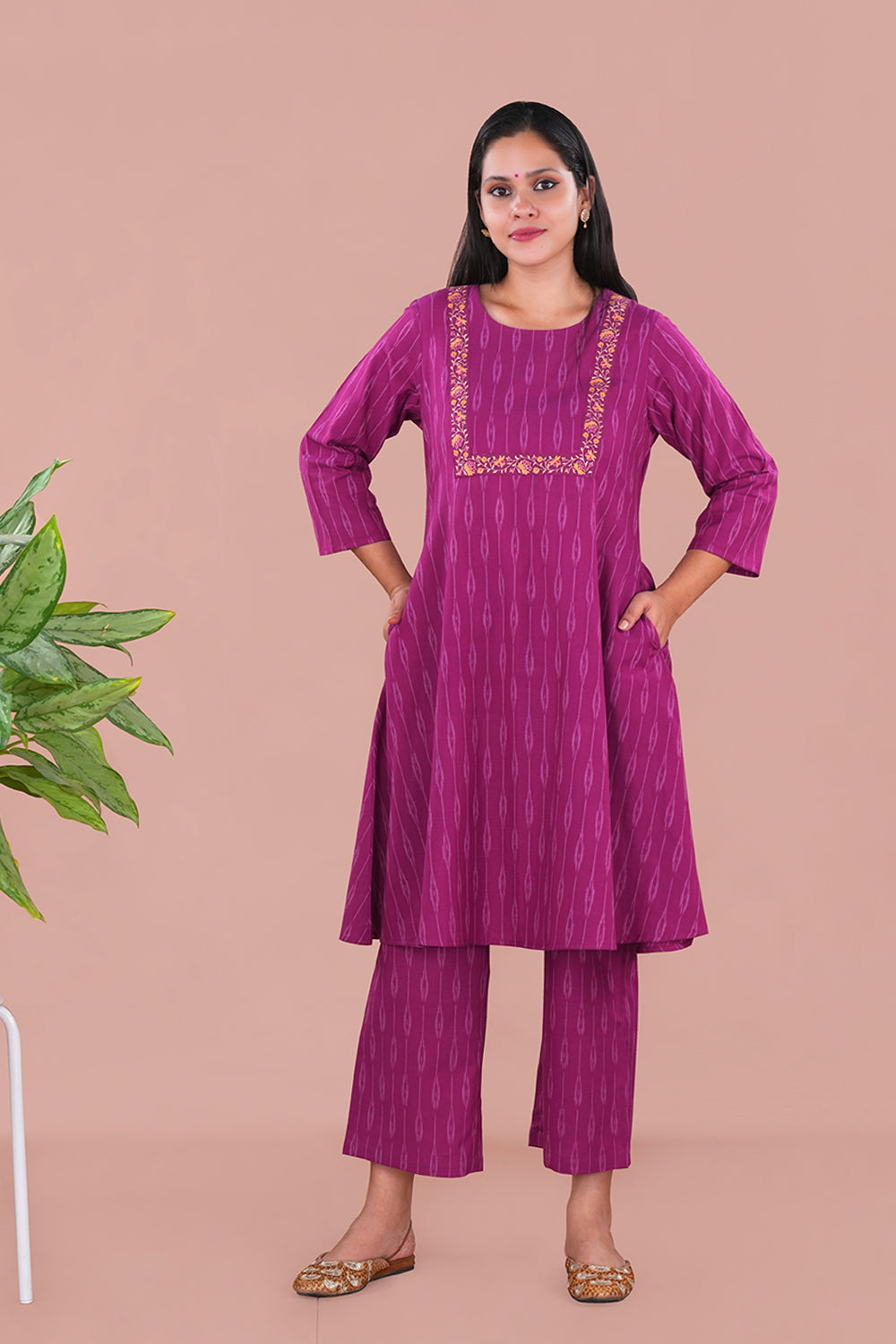 Image of Embroidered Pink Pochampally Ikat Coord set