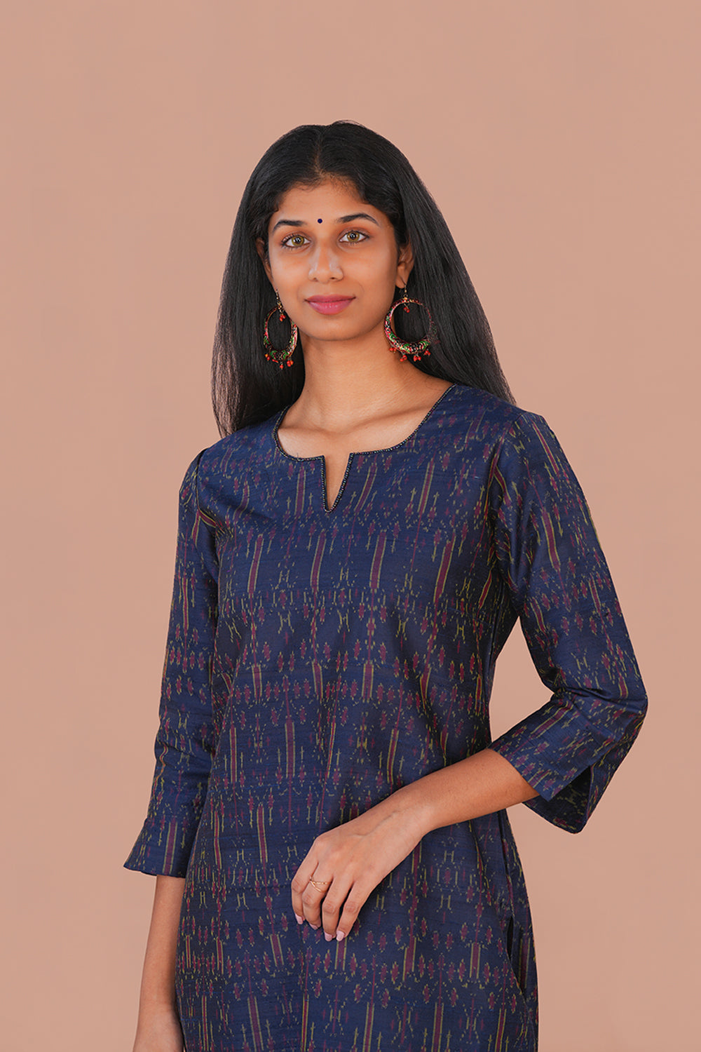 Image of Navy Blue Pochampally Ikat Raw Silk Kurti