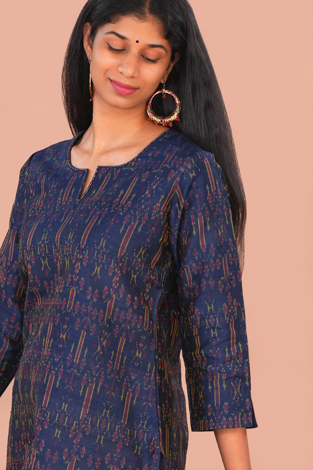 Image of Navy Blue Pochampally Ikat Raw Silk Kurti
