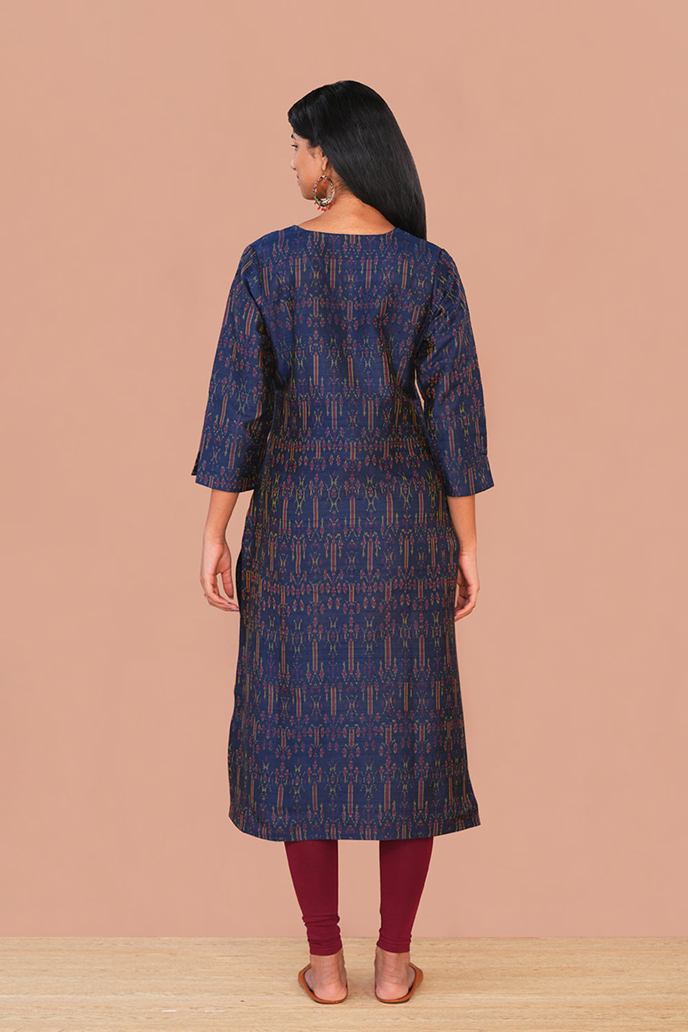 Image of Navy Blue Pochampally Ikat Raw Silk Kurti