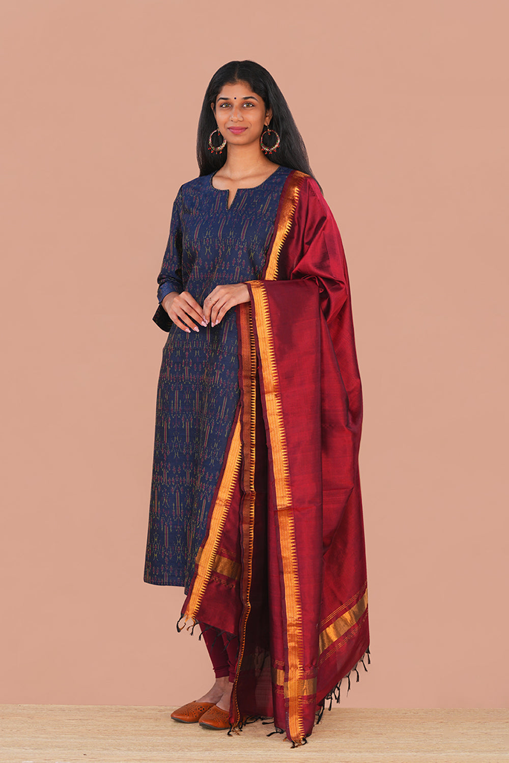 Image of Navy Blue Pochampally Ikat Raw Silk Kurti