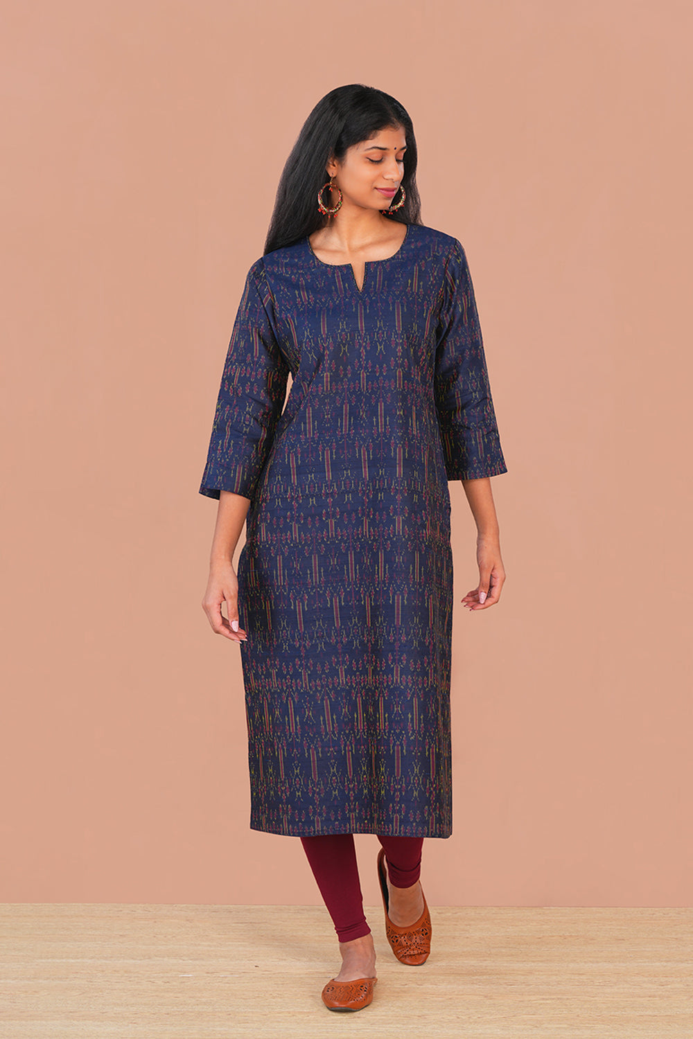 Image of Navy Blue Pochampally Ikat Raw Silk Kurti