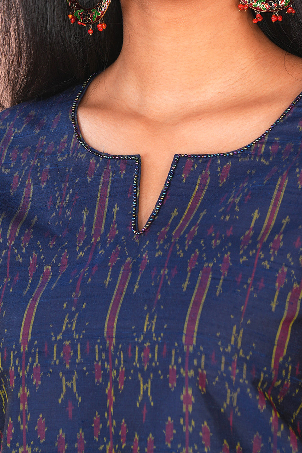 Image of Navy Blue Pochampally Ikat Raw Silk Kurti
