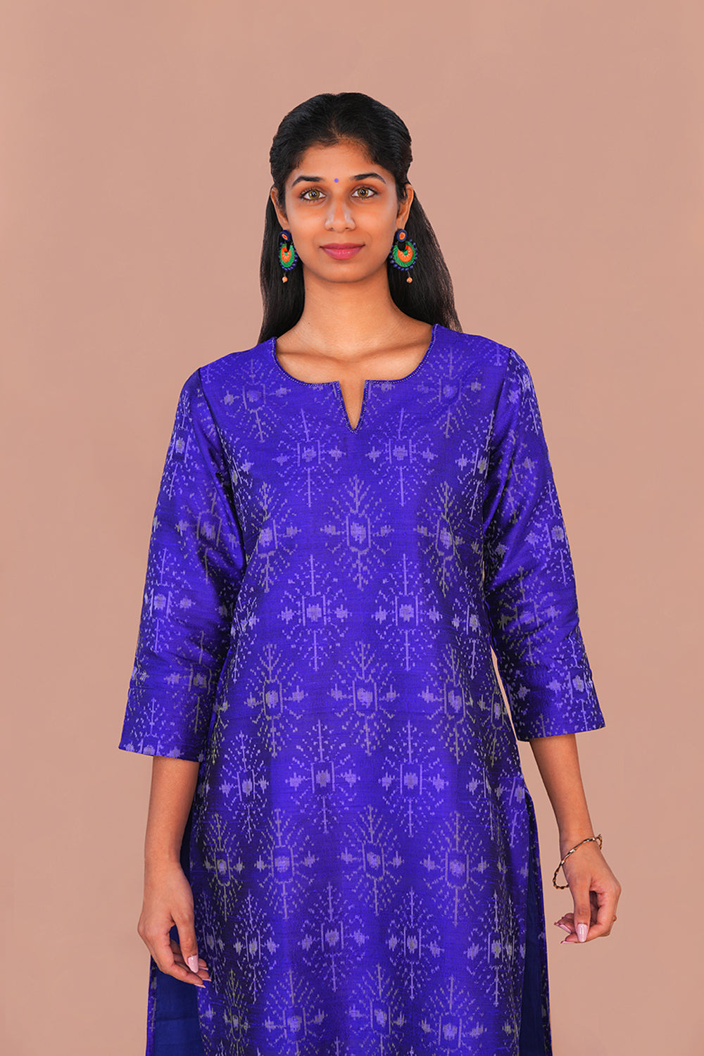 Image of Royal Blue Pochampally Ikat Raw Silk Kurti