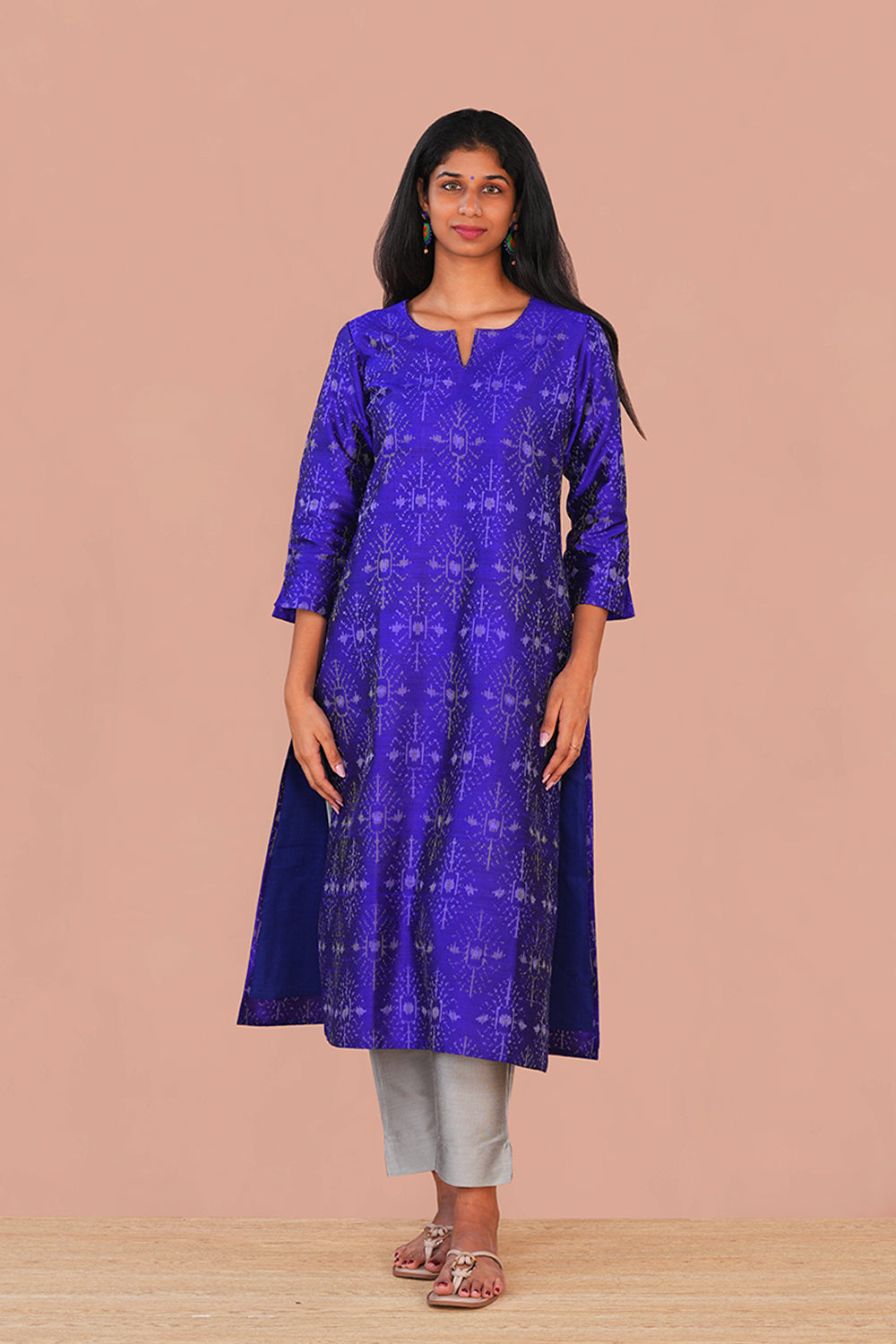 Image of Royal Blue Pochampally Ikat Raw Silk Kurti