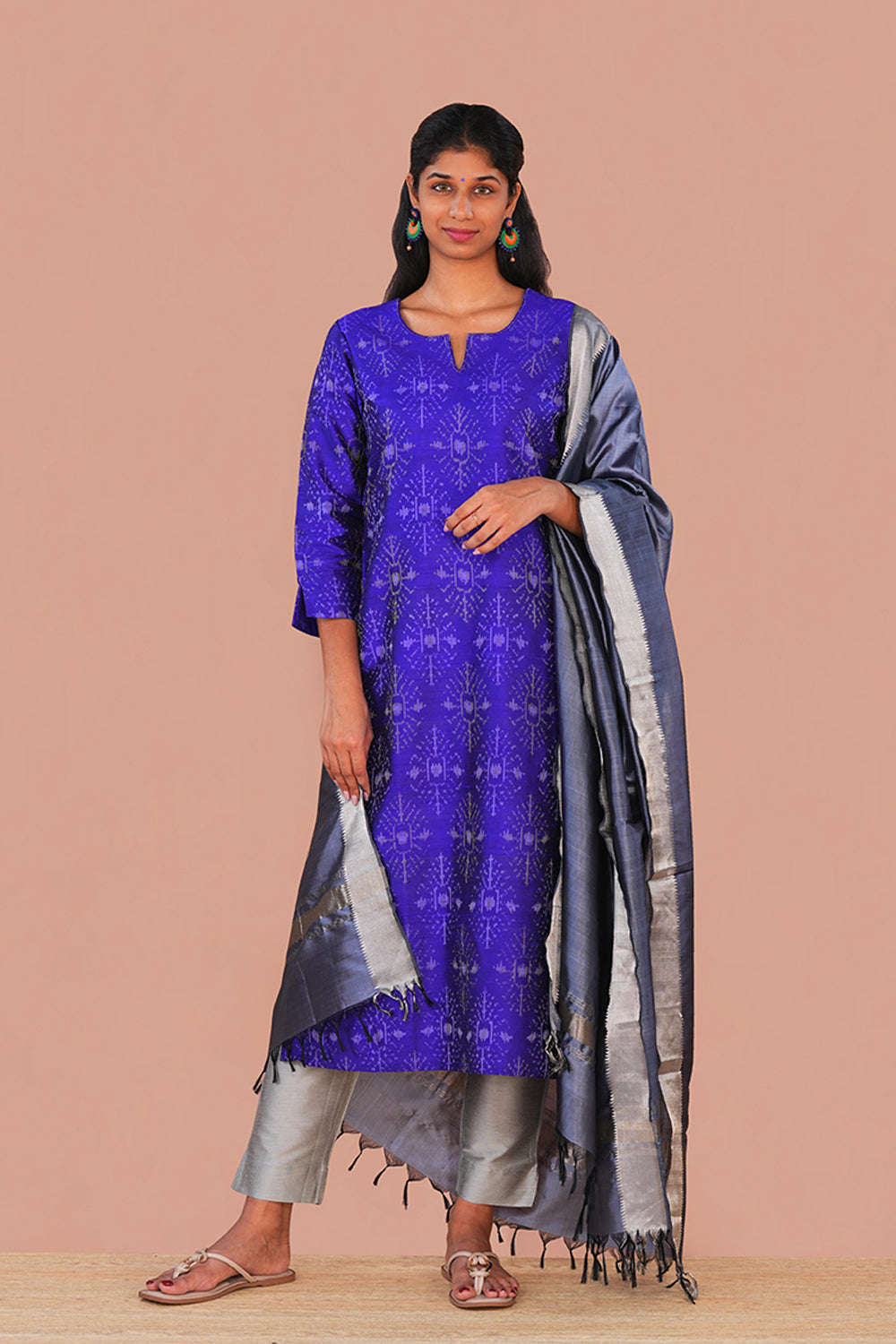 Image of Royal Blue Pochampally Ikat Raw Silk Kurti