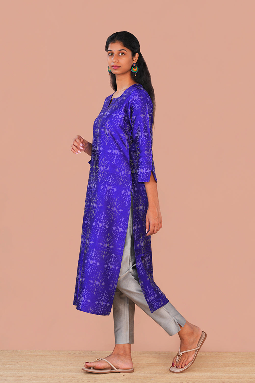 Image of Royal Blue Pochampally Ikat Raw Silk Kurti
