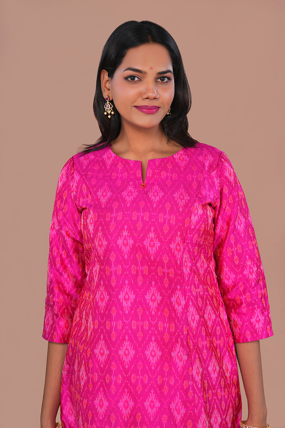Image of Fuschia Pink Pochampally Ikat Raw Silk Kurti