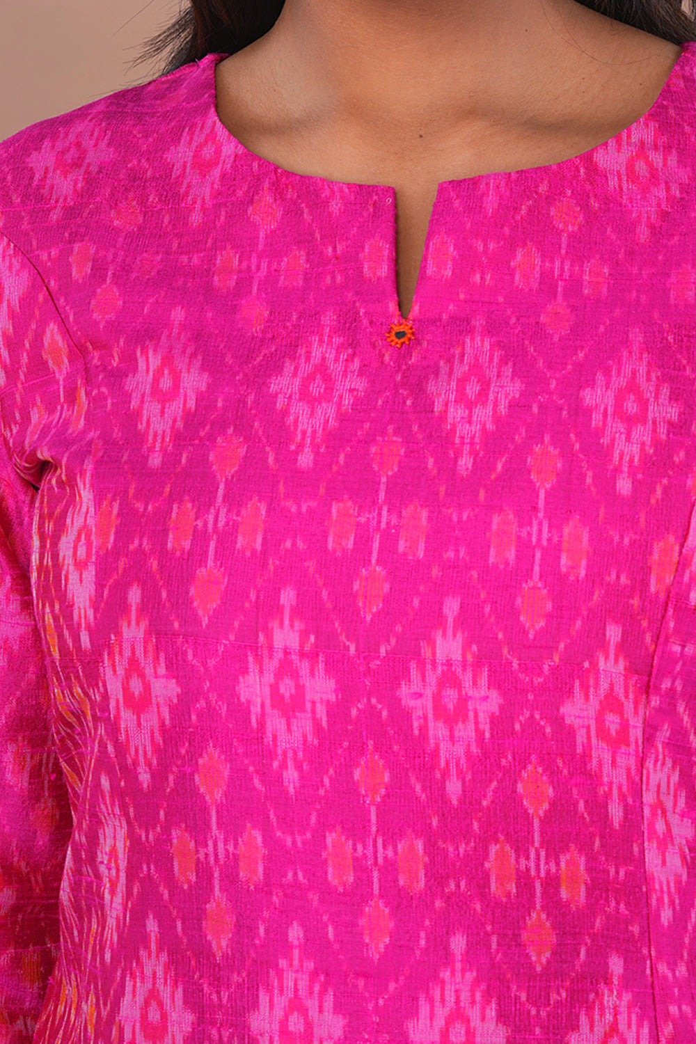Image of Fuschia Pink Pochampally Ikat Raw Silk Kurti