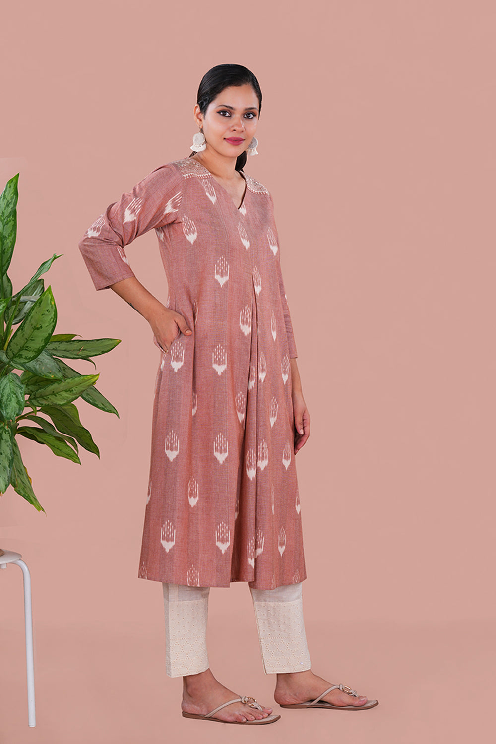 Image of Brown Pochampally Ikat Cotton Workwear Kurta