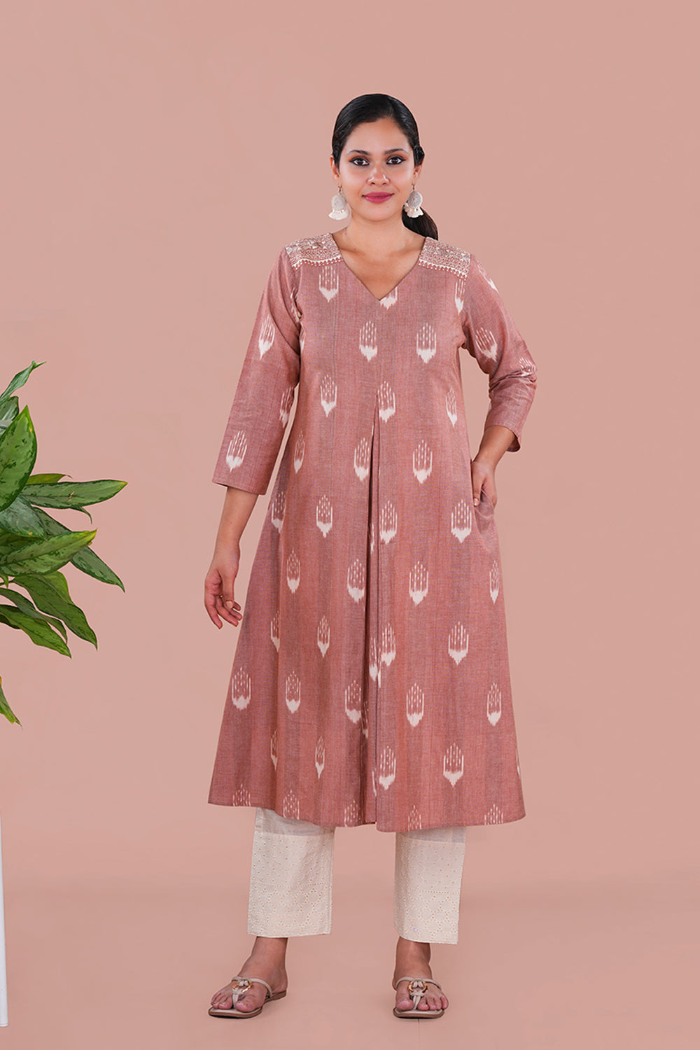 Image of Brown Pochampally Ikat Cotton Workwear Kurta