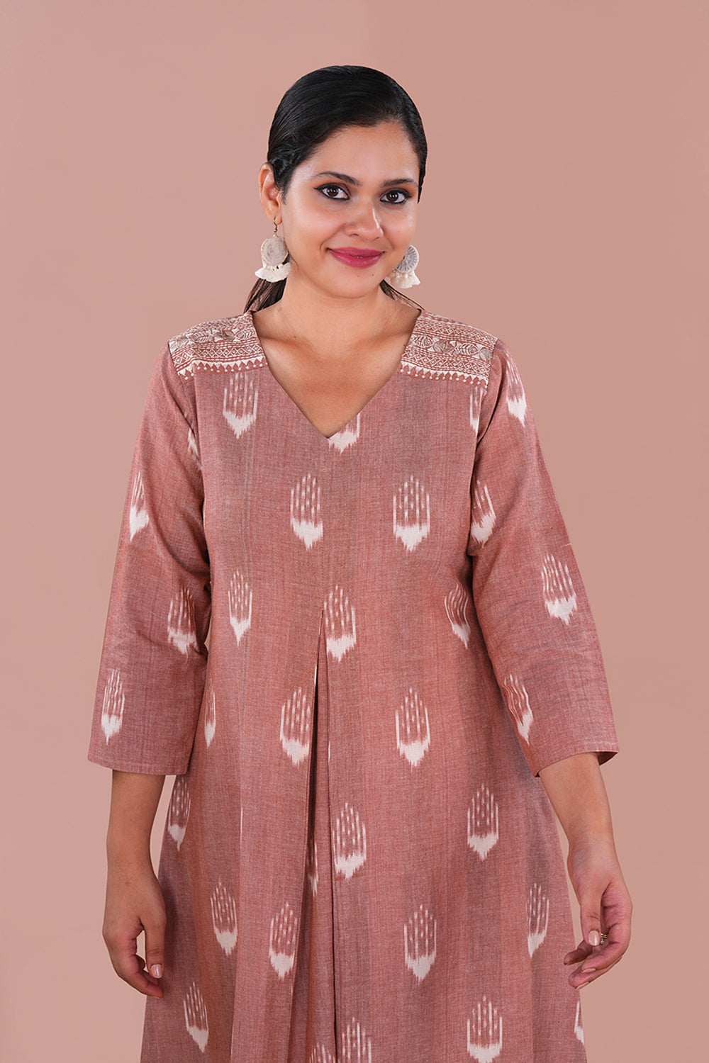 Image of Brown Pochampally Ikat Cotton Workwear Kurta