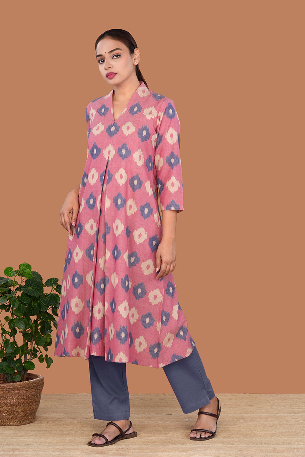 Image of Dusty Rose Pochampally Cotton Kurta