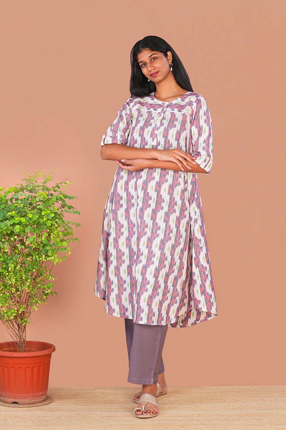 Image of Off white Pochampally Cotton Kurta
