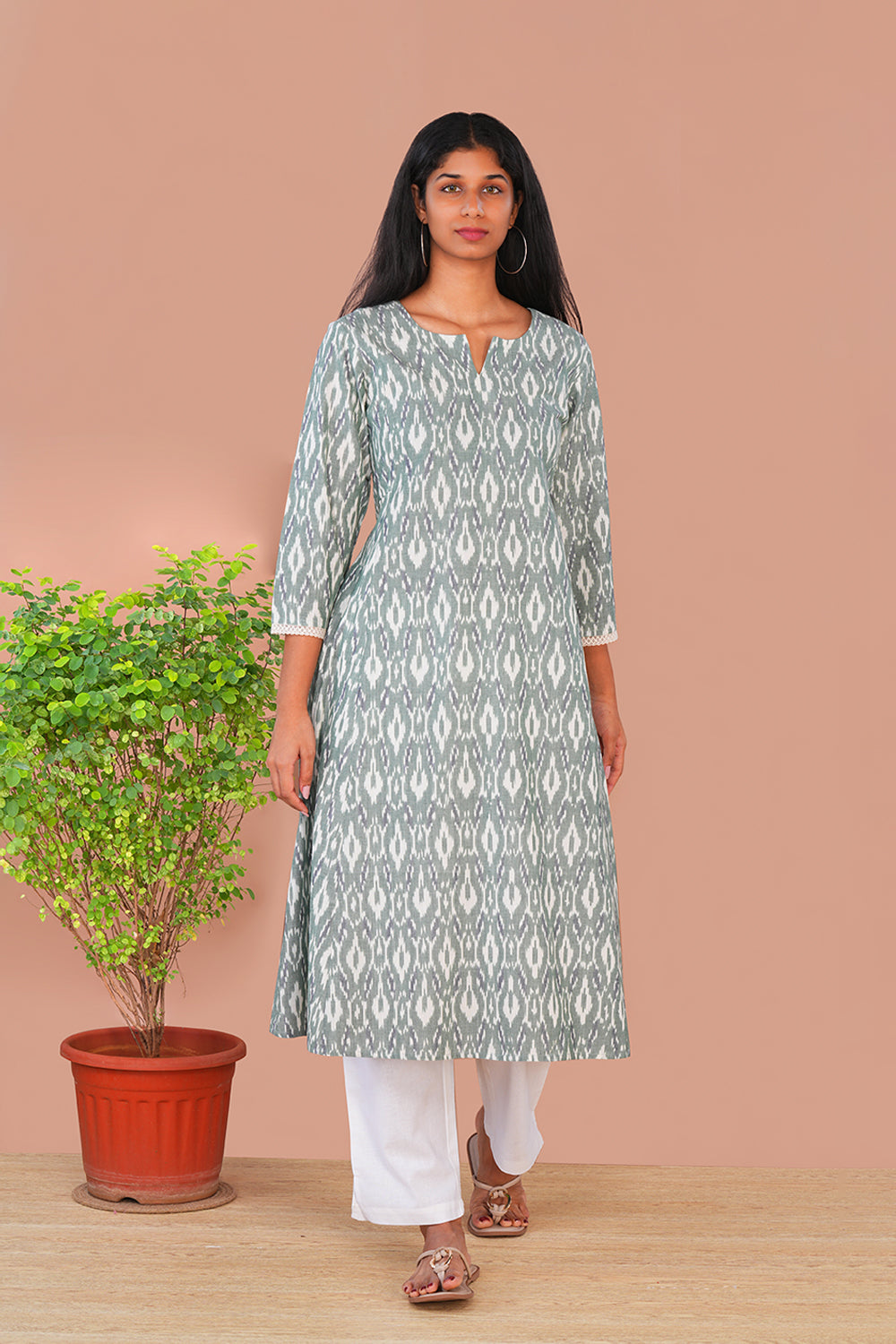 Image of Sage Green Pochampally Ikat Kurta