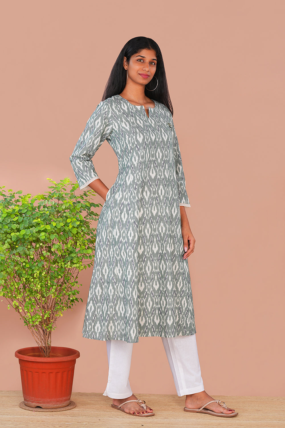 Image of Sage Green Pochampally Ikat Kurta