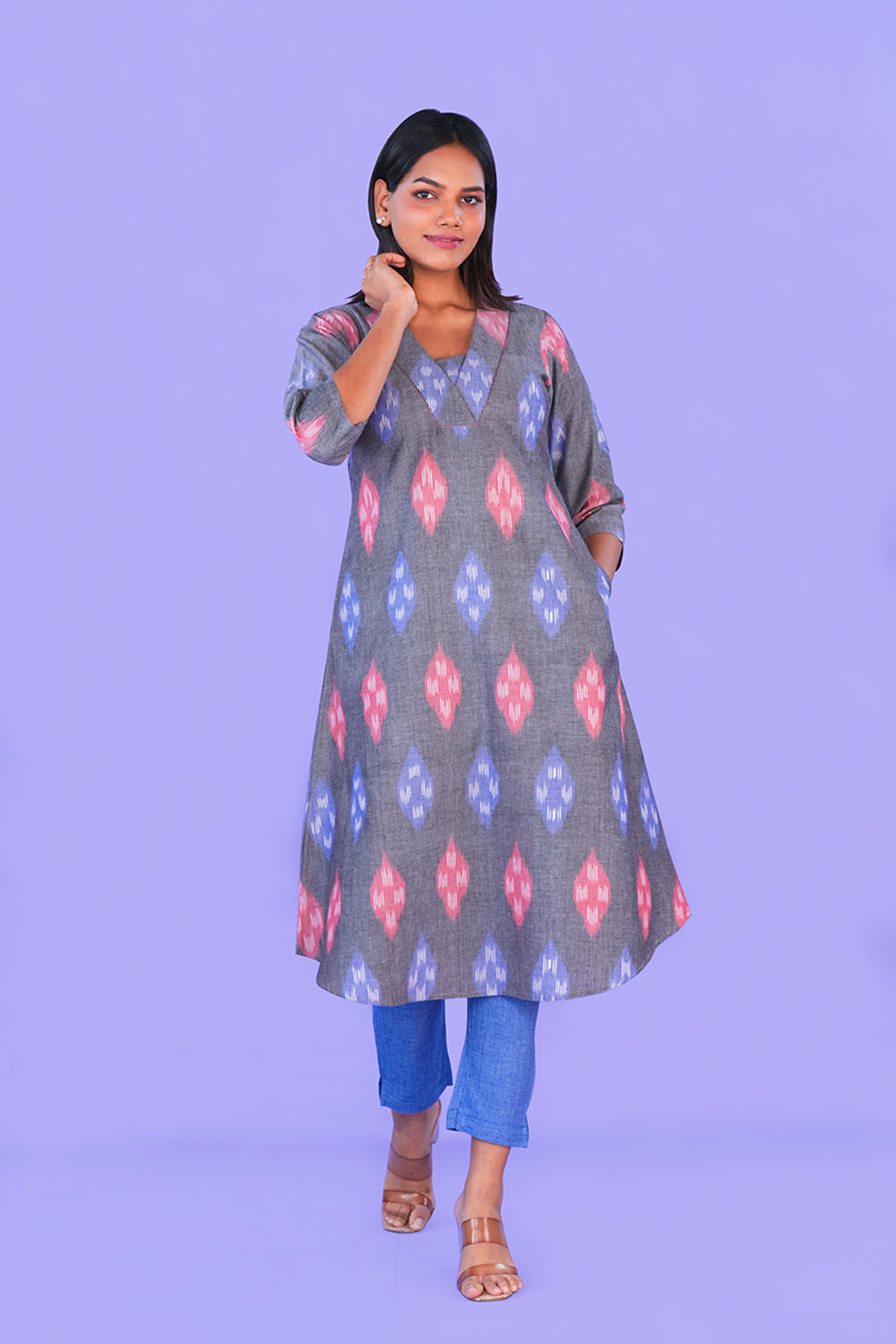 Image of Dark Grey Pochampally cotton Kurta