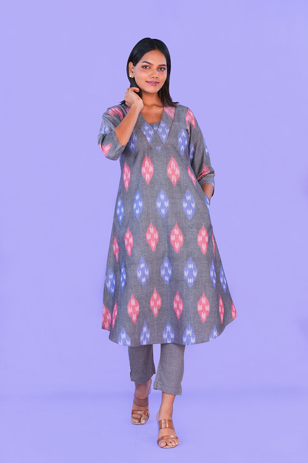 Image of Dark Grey Pochampally cotton Kurta