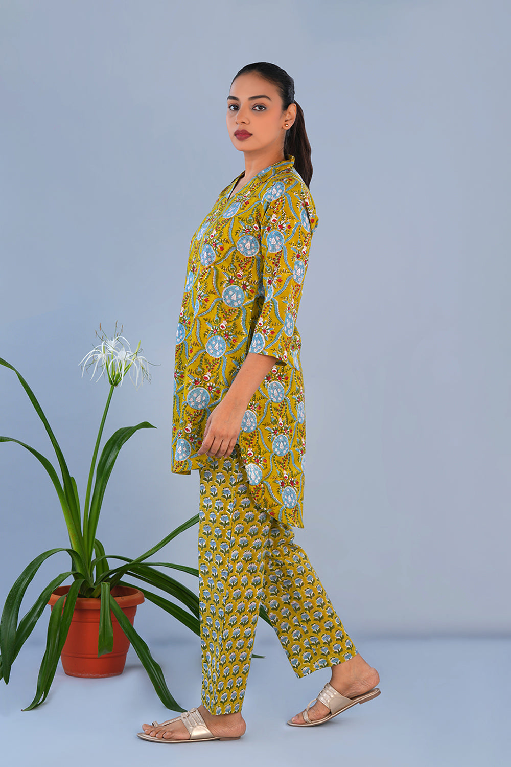 Image of Green Floral Cotton block printed Coord set