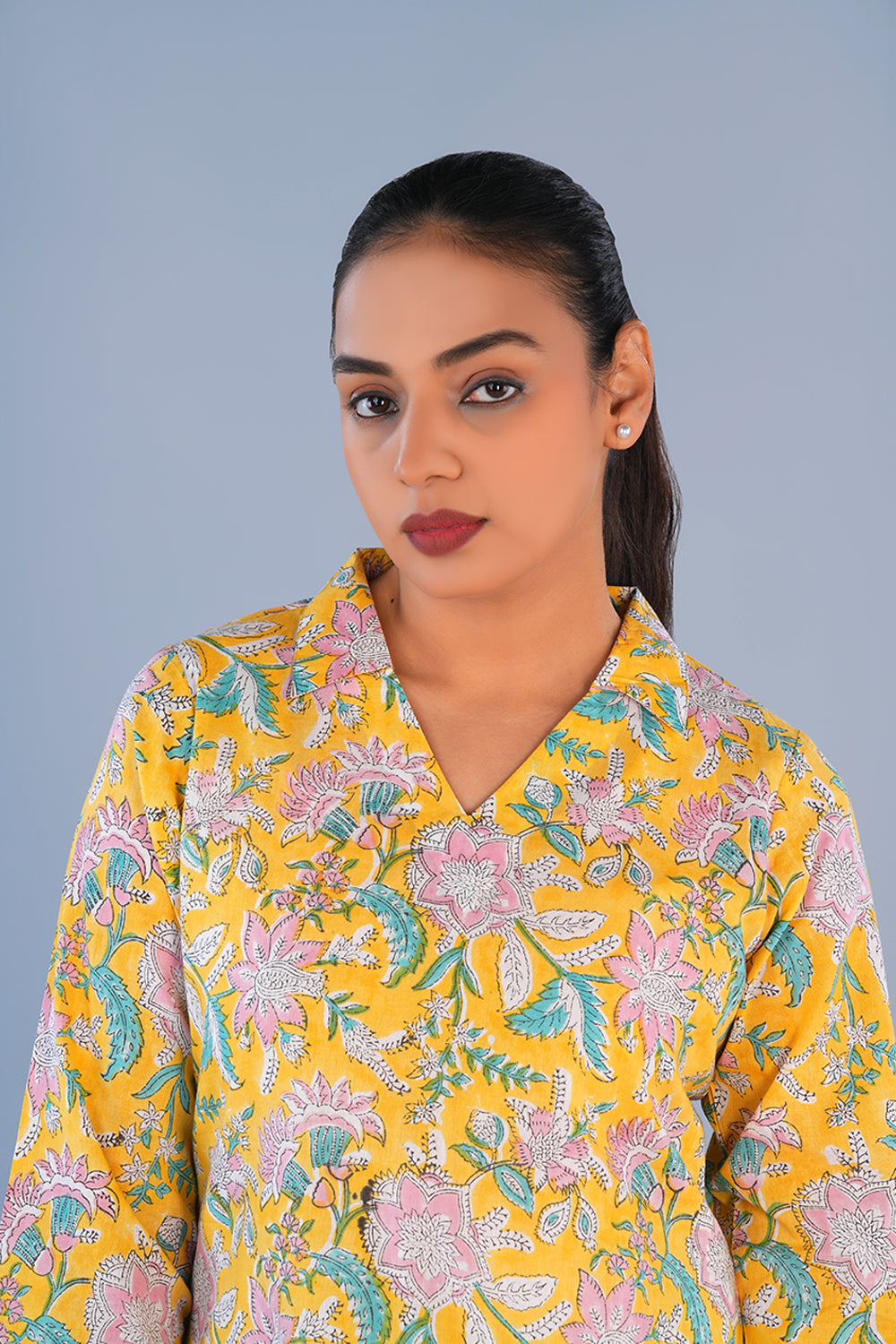 Image of Yellow Floral Cotton block printed coord set