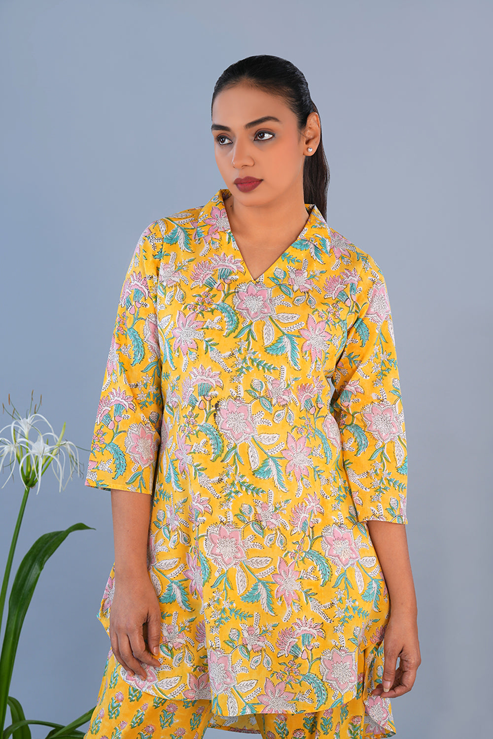 Image of Yellow Floral Cotton block printed coord set