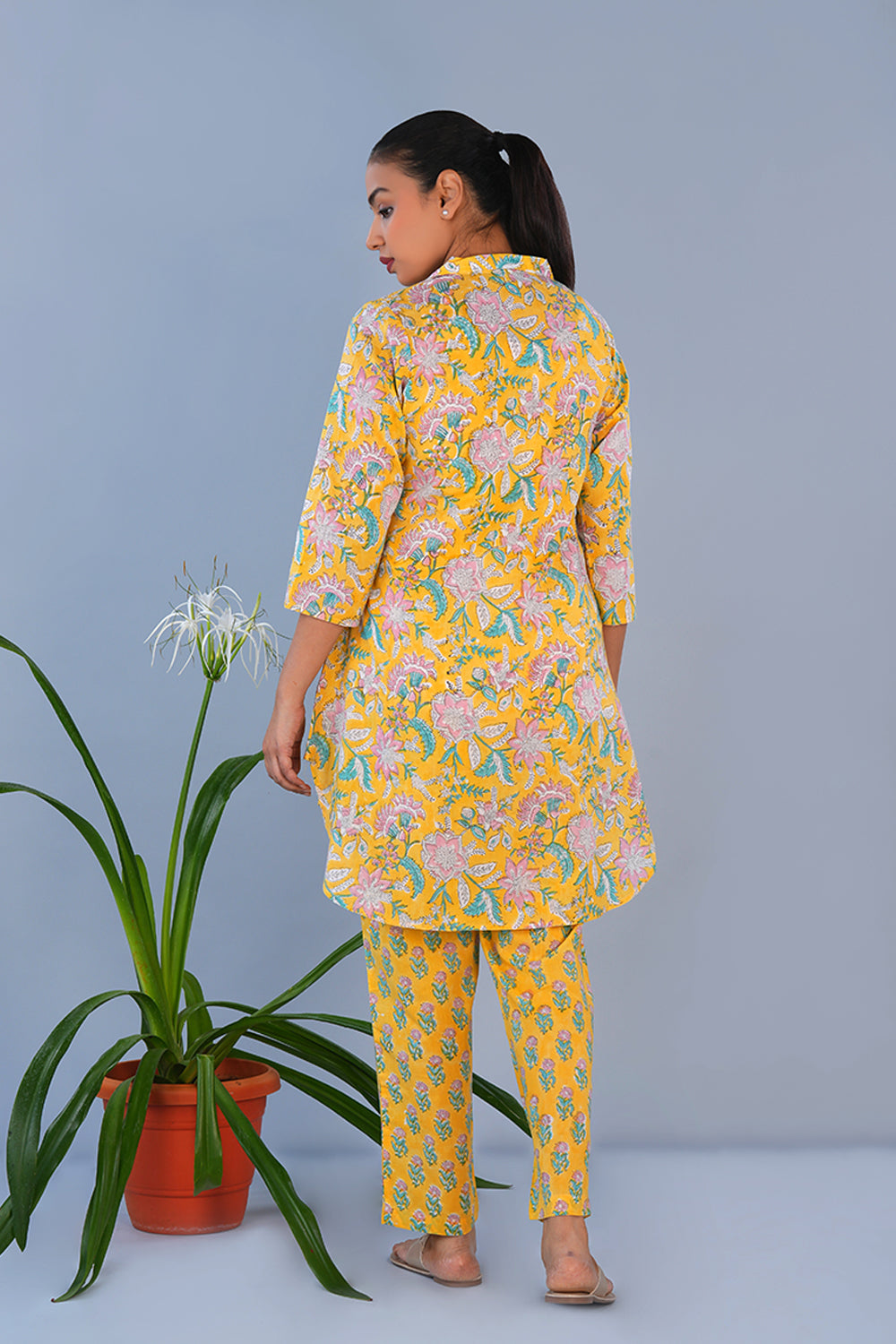 Image of Yellow Floral Cotton block printed coord set