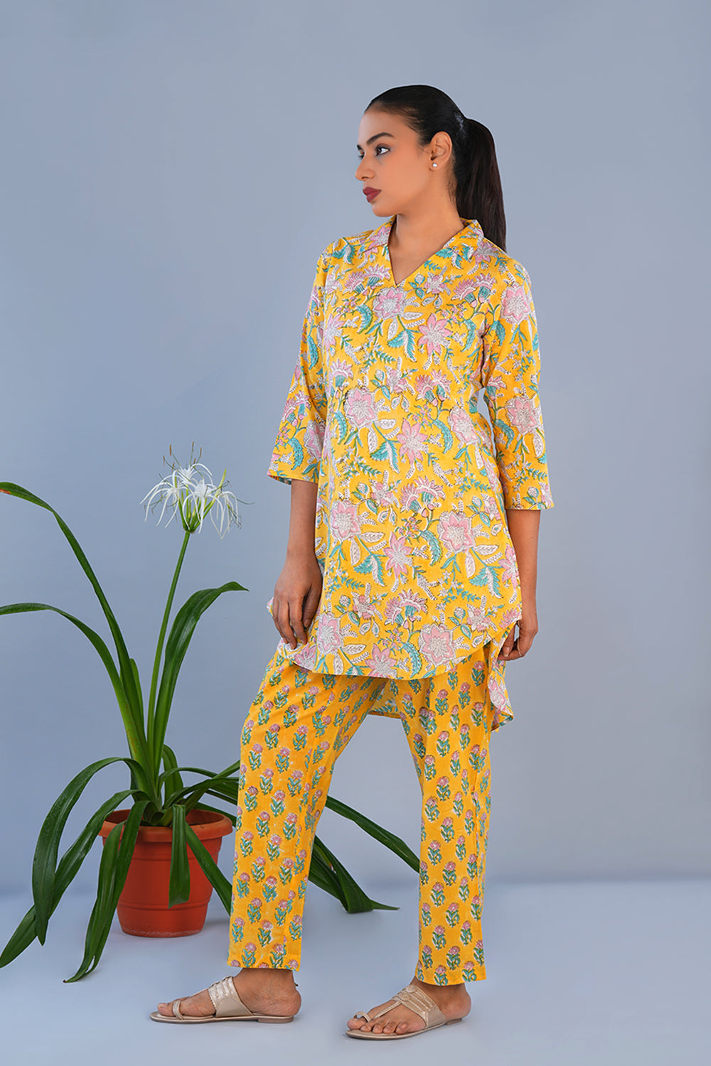 Image of Yellow Floral Cotton block printed coord set