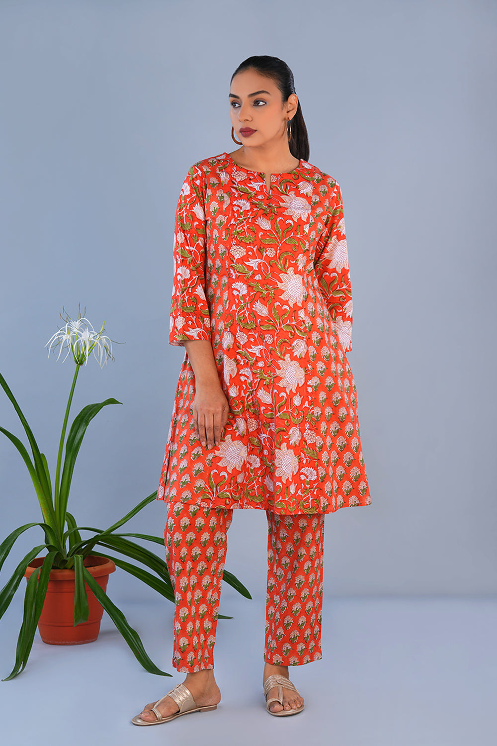 Image of Orange Floral Sanganeri block printed Coord set