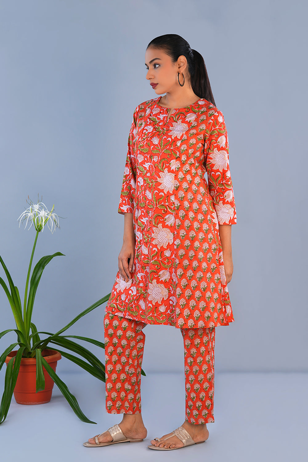 Image of Orange Floral Sanganeri block printed Coord set