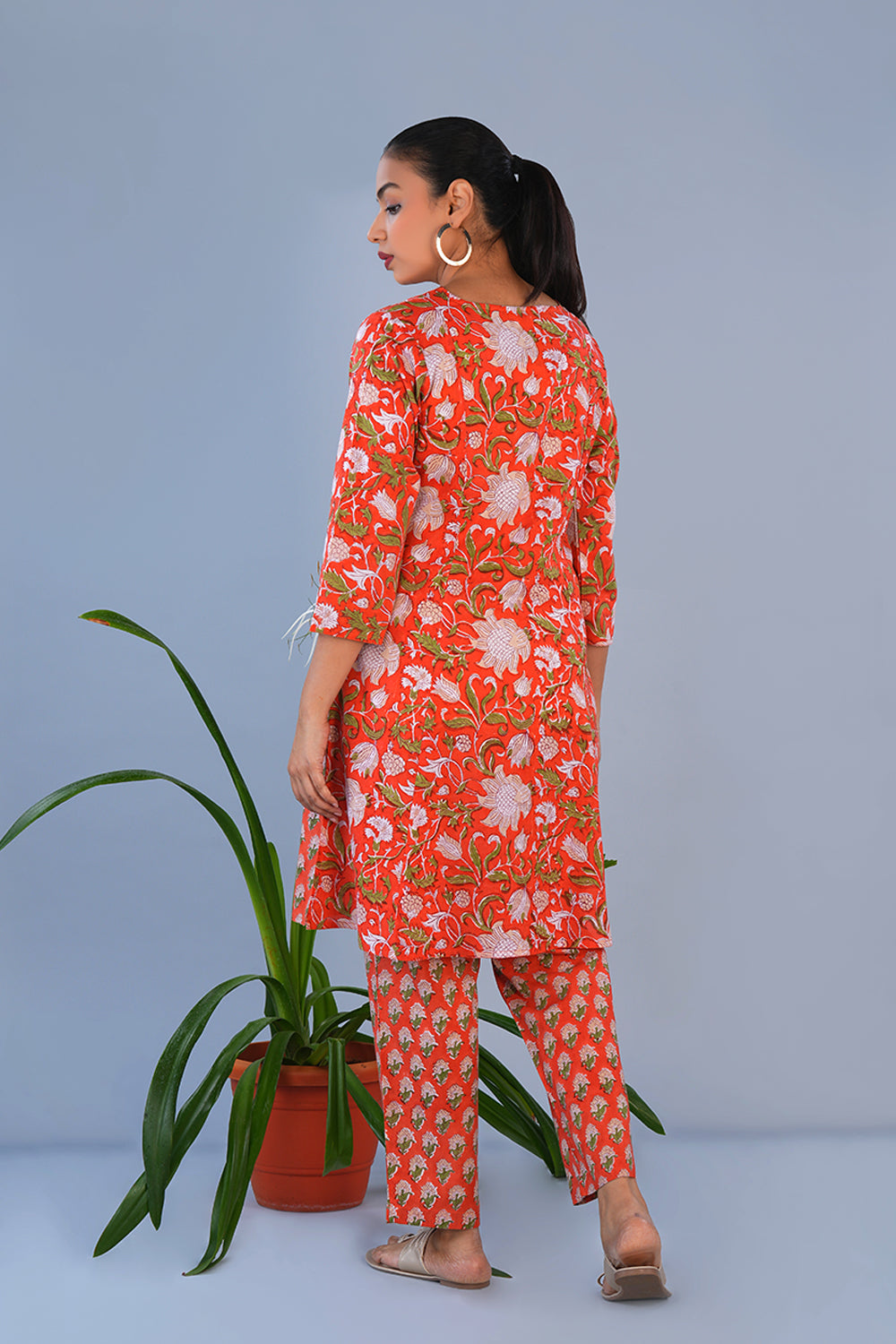 Image of Orange Floral Sanganeri block printed Coord set