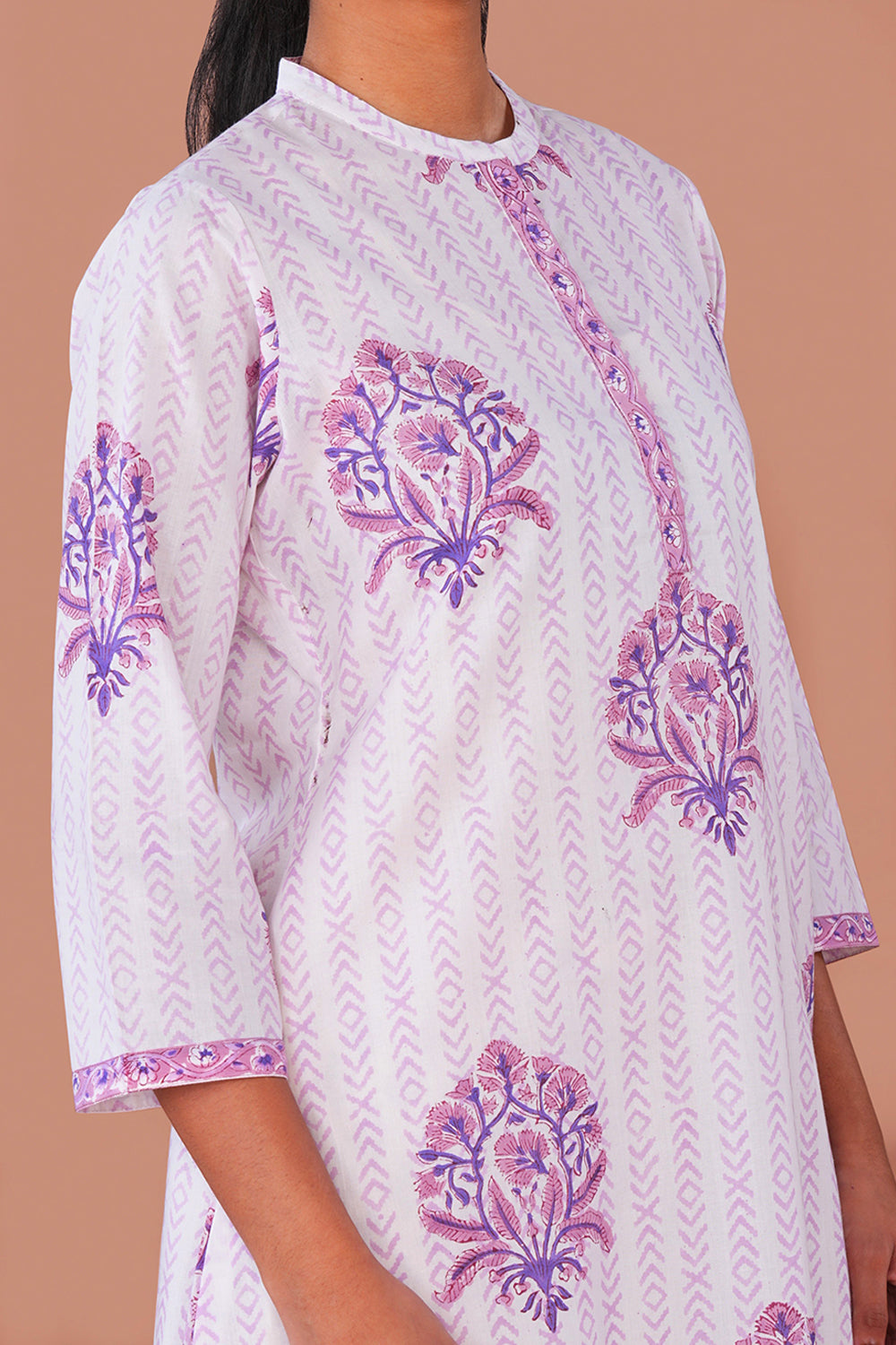 Image of Purple floral Buta Sanganeri block printed cotton Kurta set