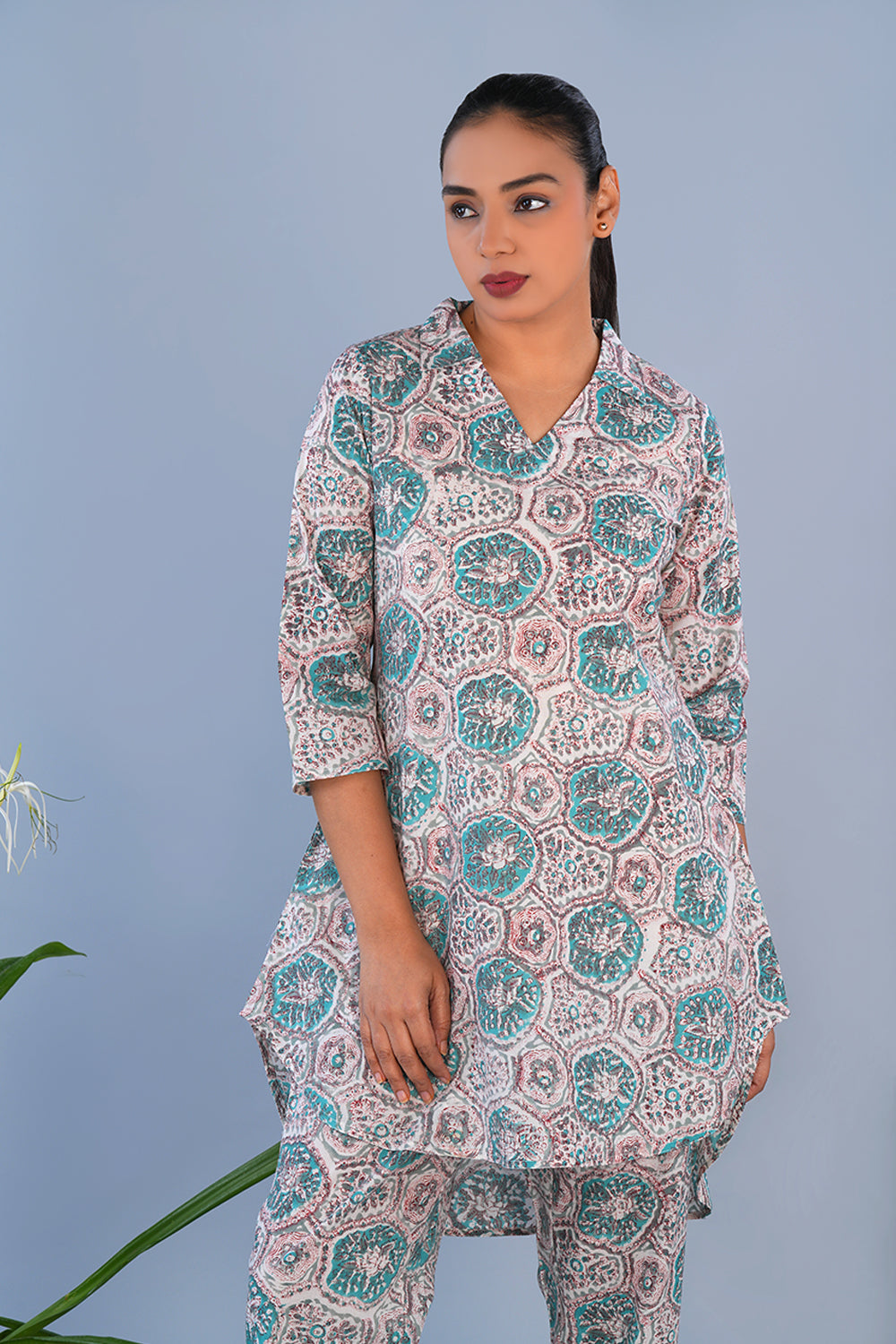 Image of White Floral Cotton block printed coord set