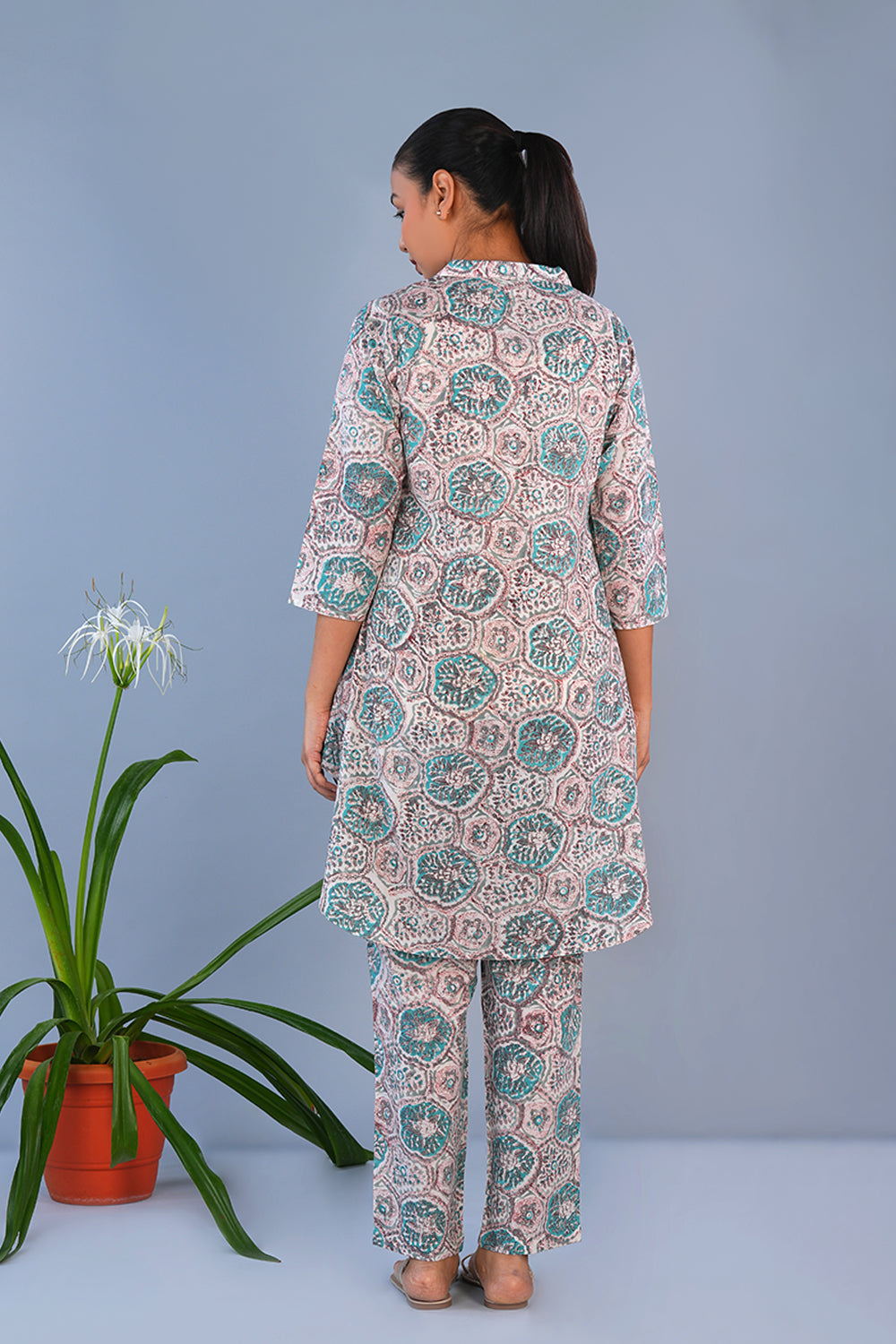 Image of White Floral Cotton block printed coord set