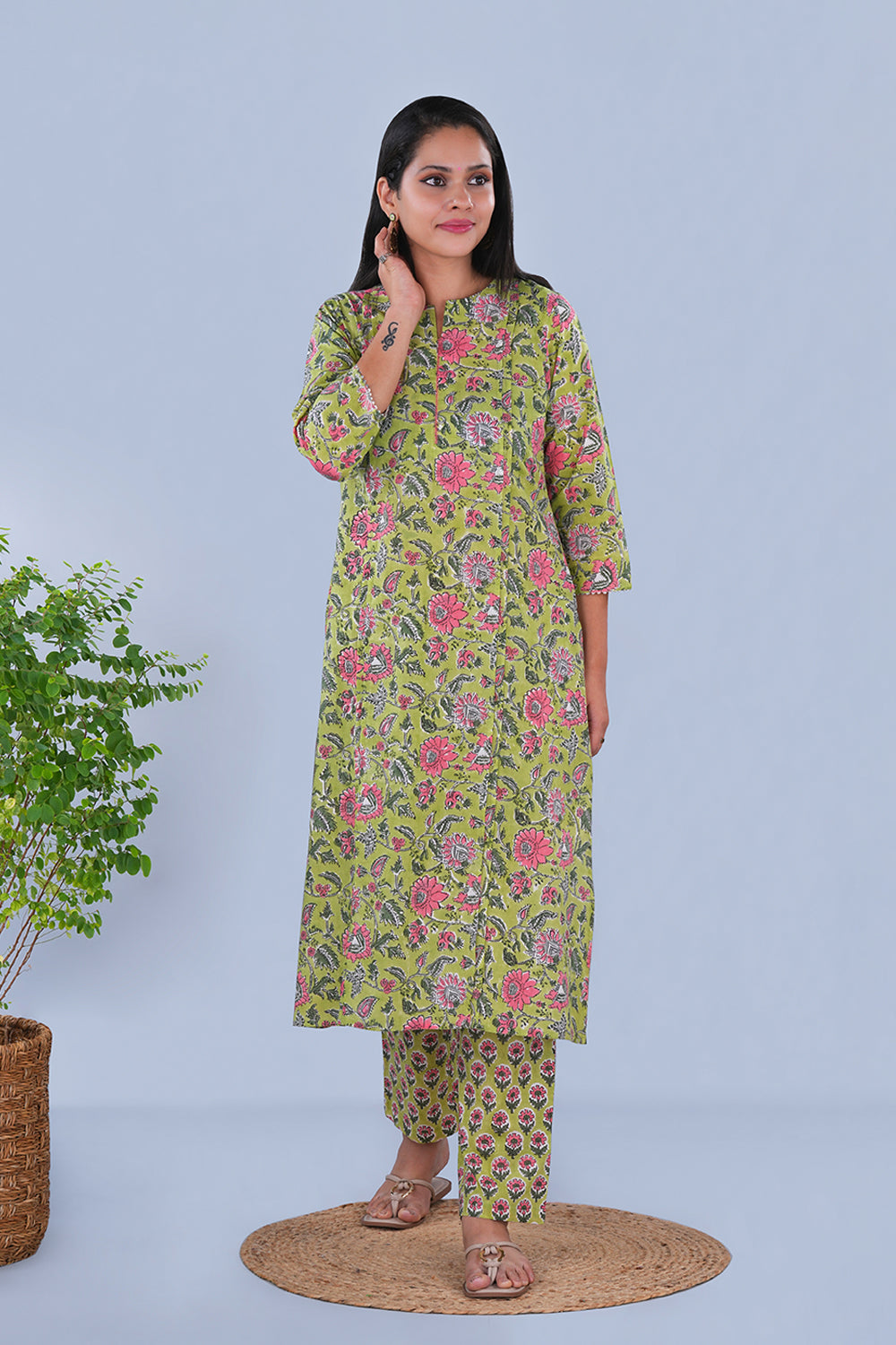 Image of Fresh Green hand block printed cotton Kurta and pants set