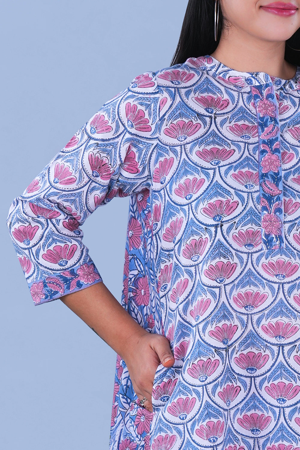 Image of Blue block printed embroidered cotton Kurta and pants set