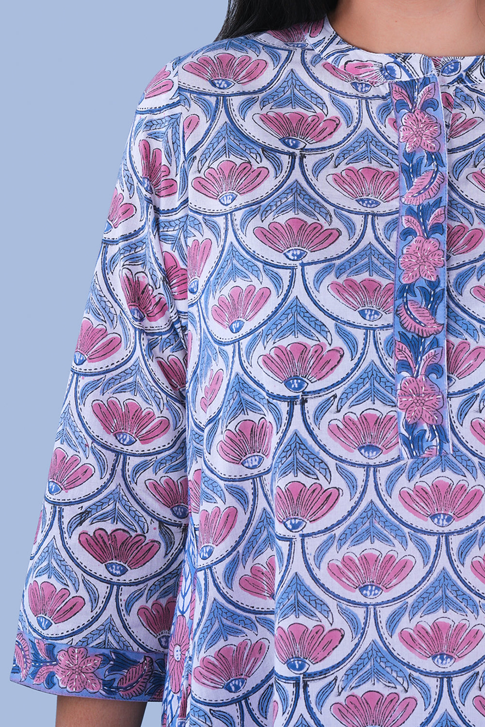 Image of Blue block printed embroidered cotton Kurta and pants set