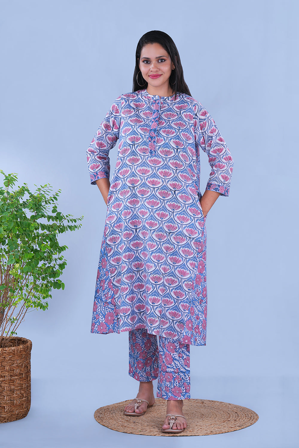 Image of Blue block printed embroidered cotton Kurta and pants set