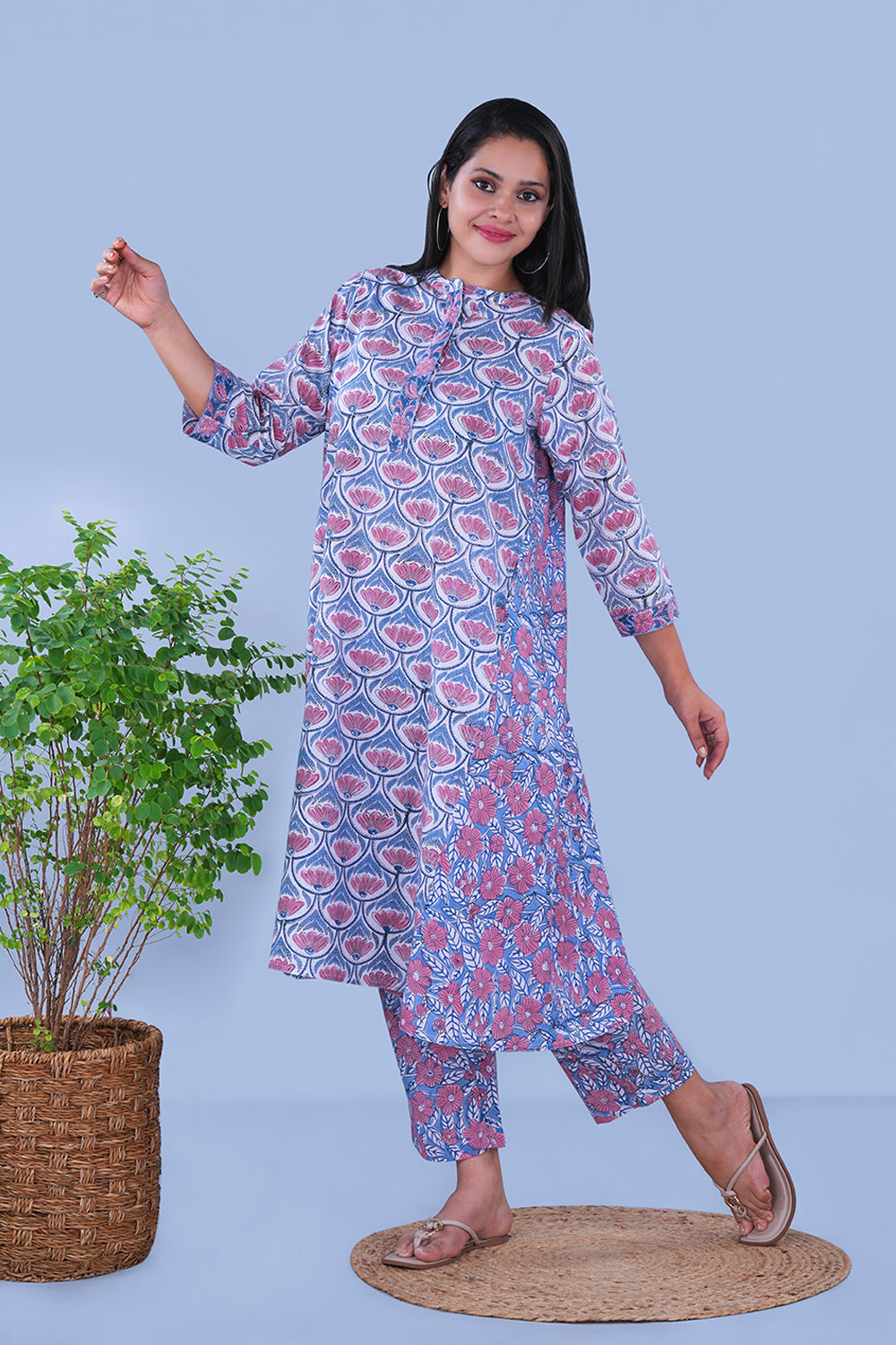 Image of Blue block printed embroidered cotton Kurta and pants set