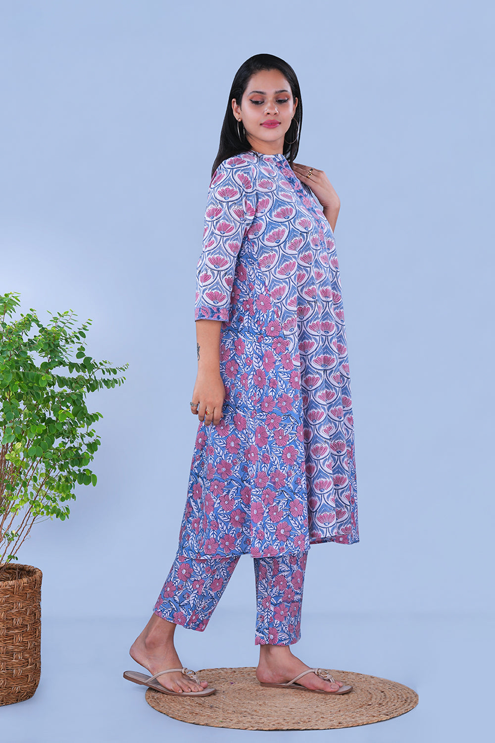 Image of Blue block printed embroidered cotton Kurta and pants set